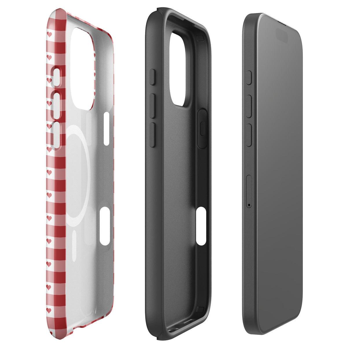 Magnetic Phone Case for iPhone with red gingham heart pattern, showcasing chic and durable design, perfect blend of style and function.