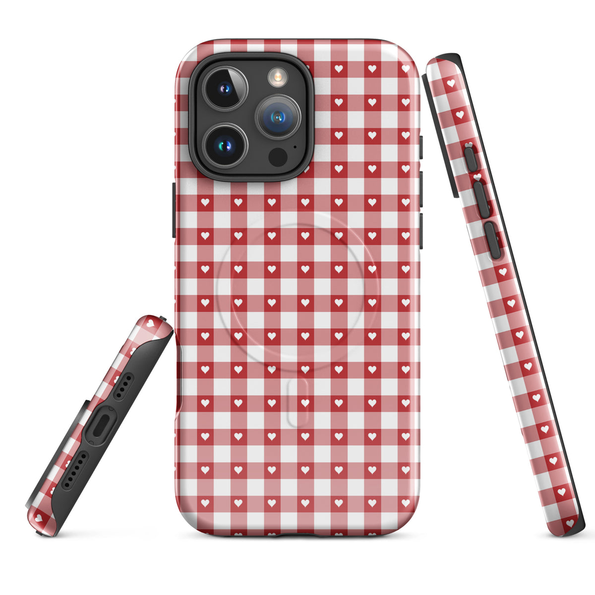 Magnetic Phone Case with red and white gingham pattern and hearts for iPhone, combining style and protection.