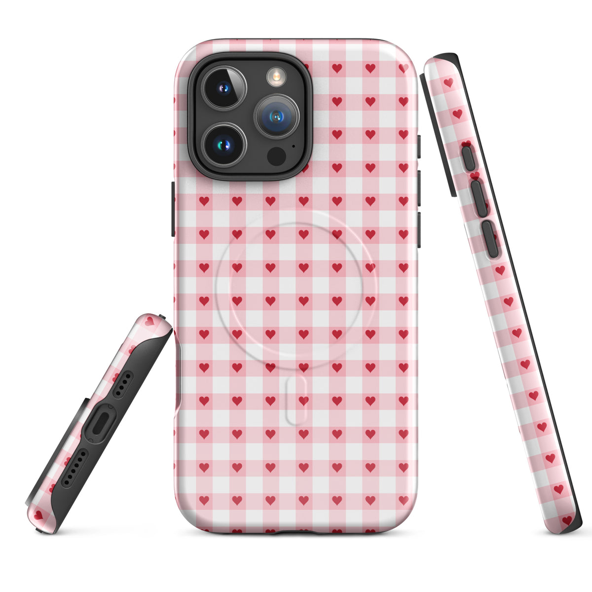 Magnetic Phone Case with pink-and-white gingham heart pattern for iPhone. Stylish design with red hearts offering chic and durable protection.