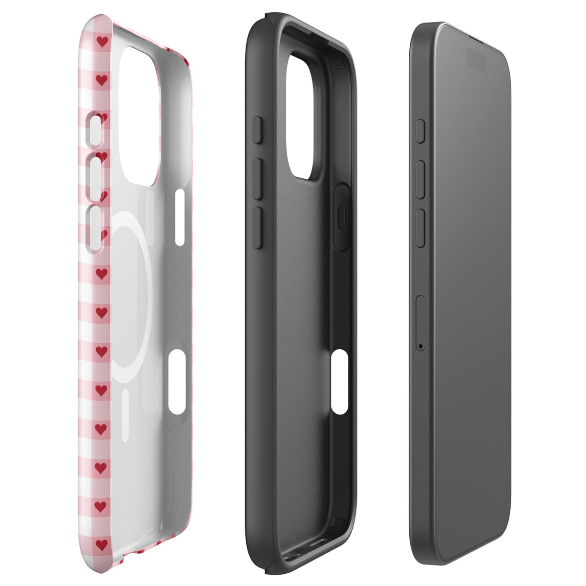 Magnetic Phone Case with pink-and-white gingham heart pattern, displaying front, back, and side views of iPhone case design.