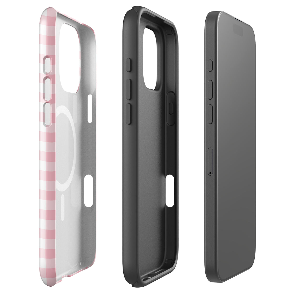 Magnetic Phone Case for iPhone with pink and white gingham pattern, showcasing style and protection in separate parts view.