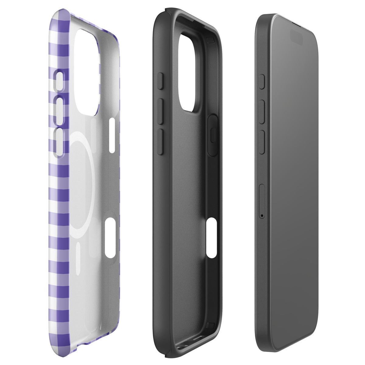 Magnetic Phone Case for iPhone with purple and white gingham pattern, showcases stylish design and protection.