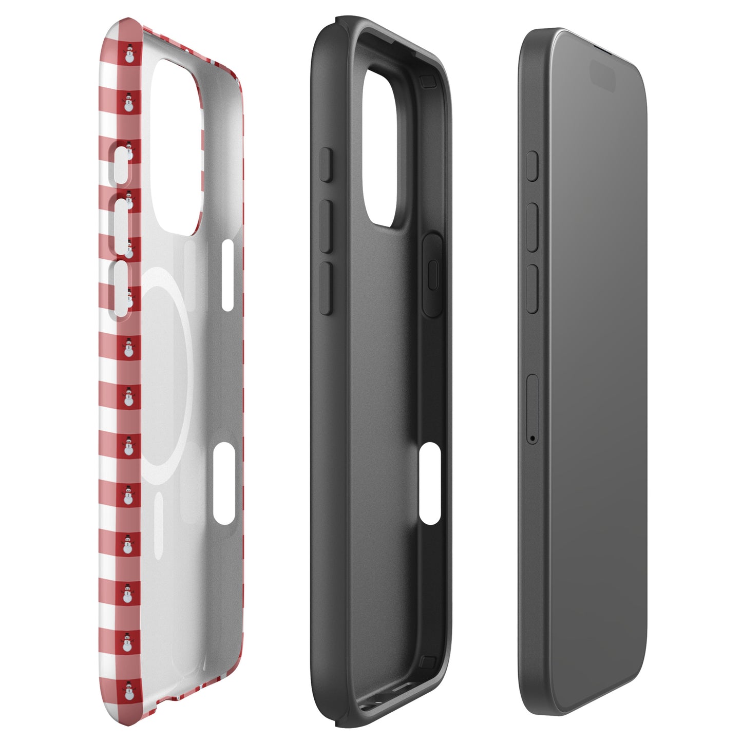 Magnetic Phone Case for iPhone with snowman gingham design, showing front, back, and side views.