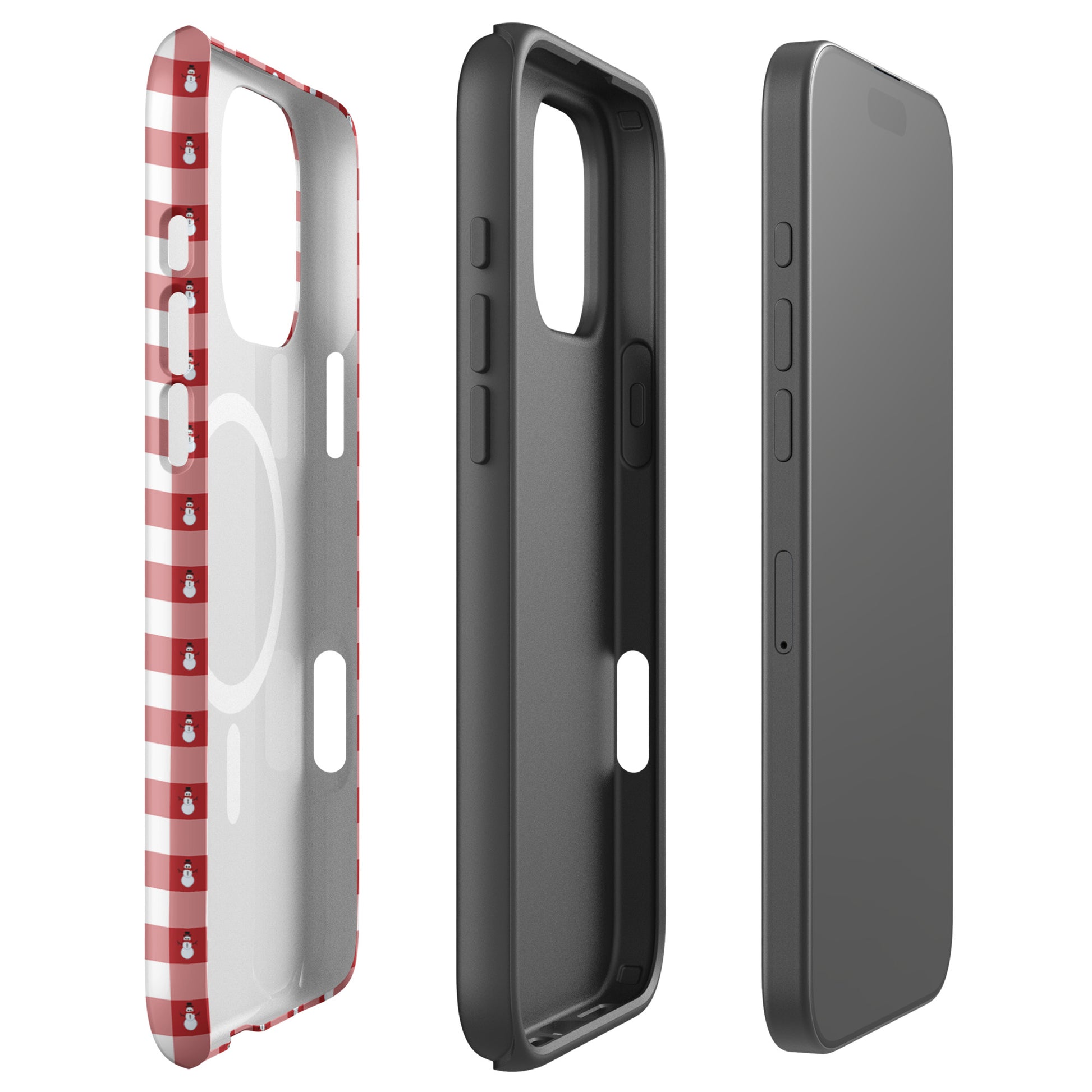 Magnetic Phone Case for iPhone with snowman gingham design, showing front, back, and side views.