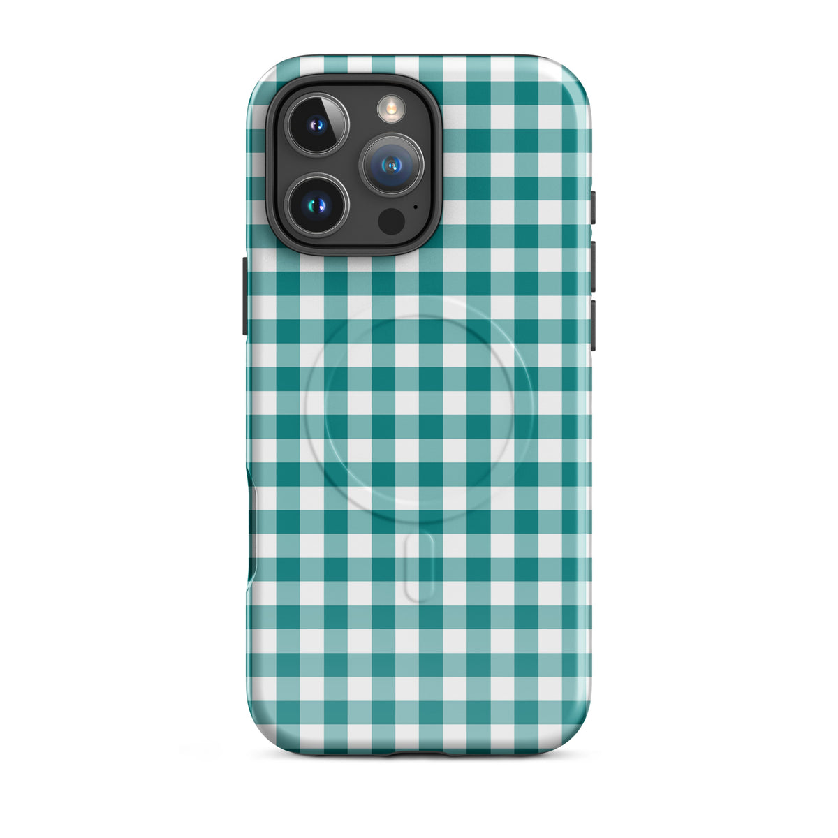 Magnetic Phone Case with teal and white gingham pattern for iPhone, blending style and protection.