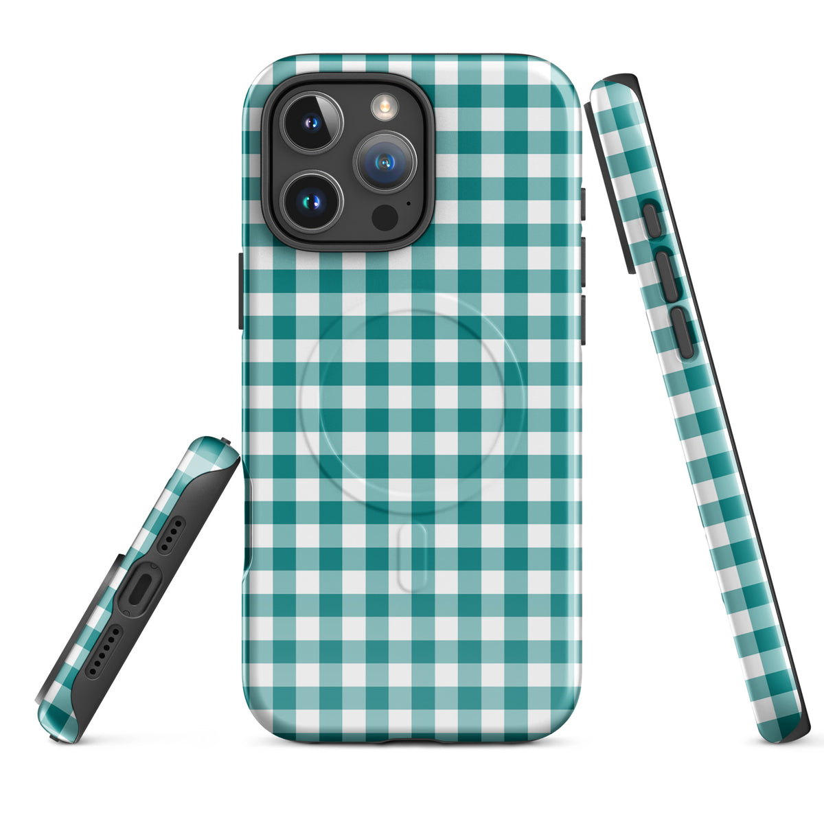 Magnetic Phone Case with teal and white gingham pattern for iPhone, stylish and durable accessory.