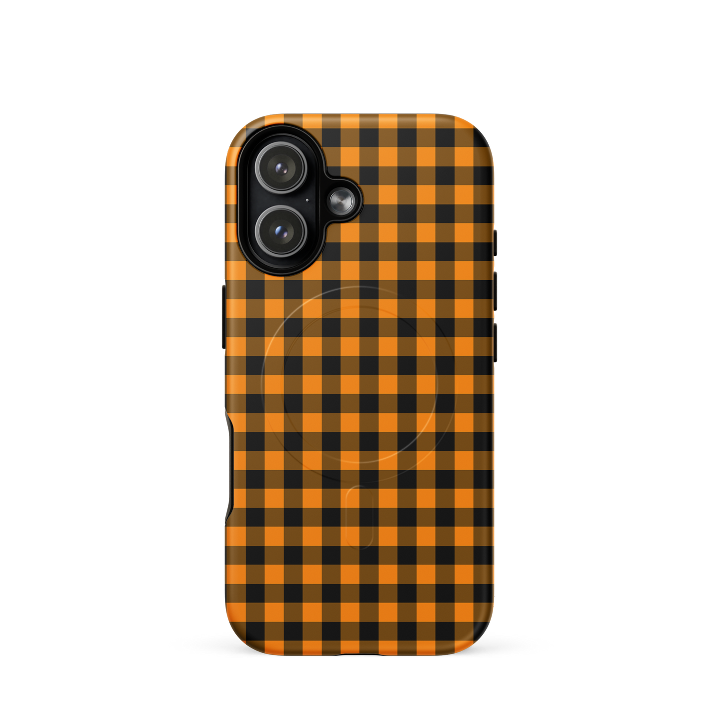Magnetic Phone Case with black-and-orange gingham autumn theme for iPhone, stylish and durable design.