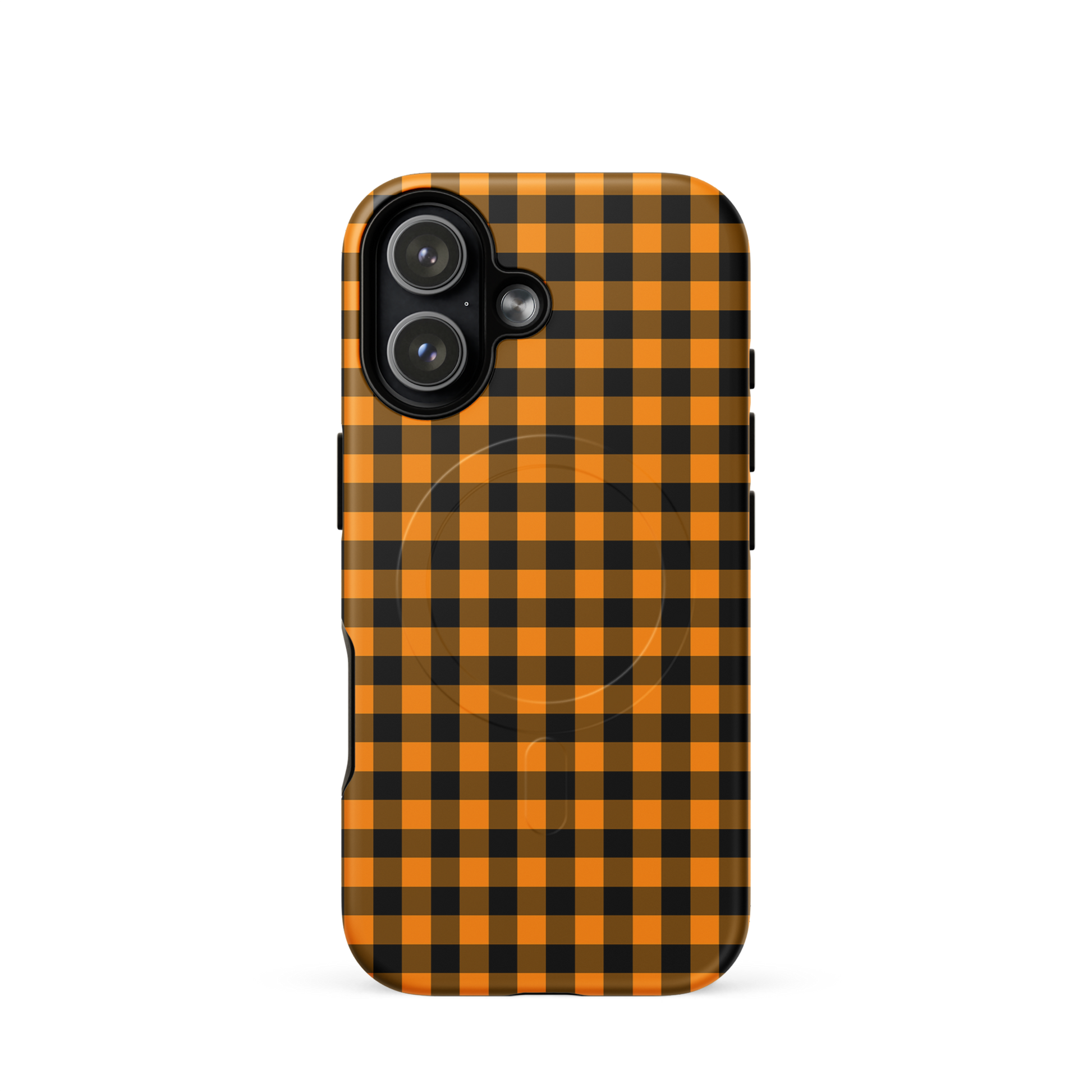 Magnetic Phone Case with black-and-orange gingham autumn theme for iPhone, stylish and durable design.