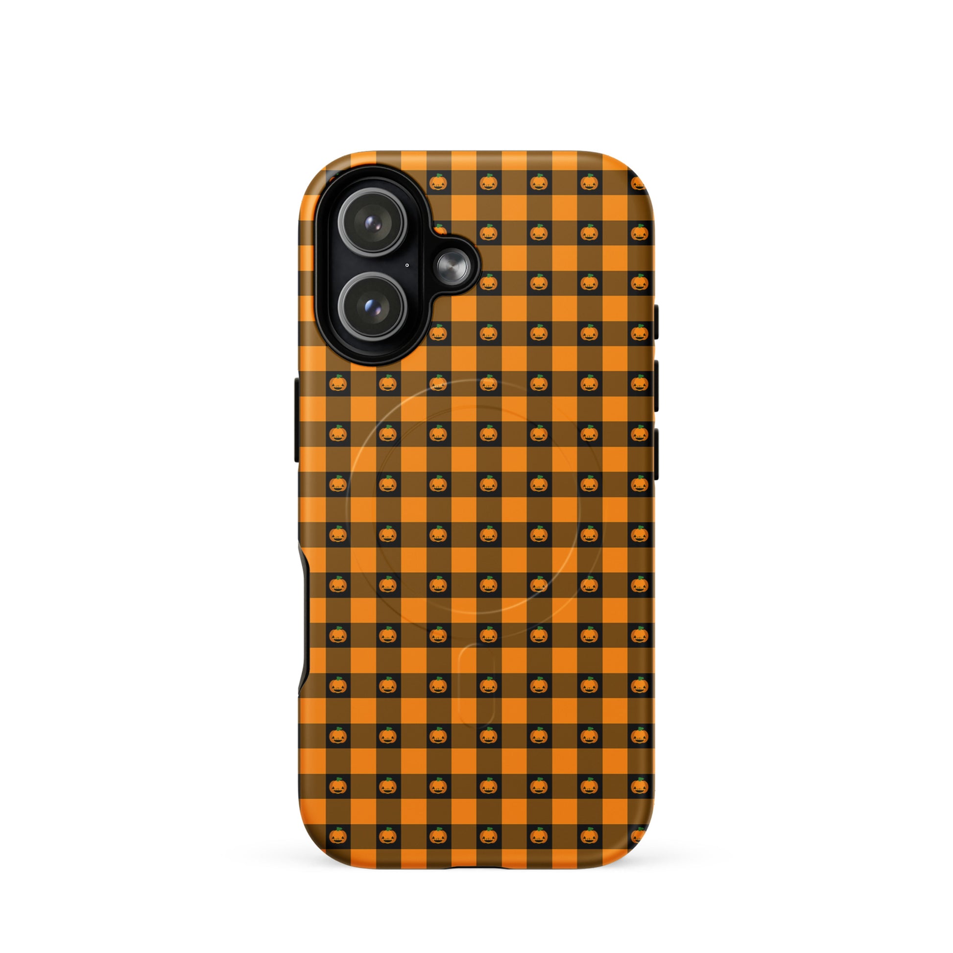 Magnetic Phone Case for iPhone in Halloween pumpkin gingham design, featuring jack-o-lantern faces on an orange and black checkered pattern.