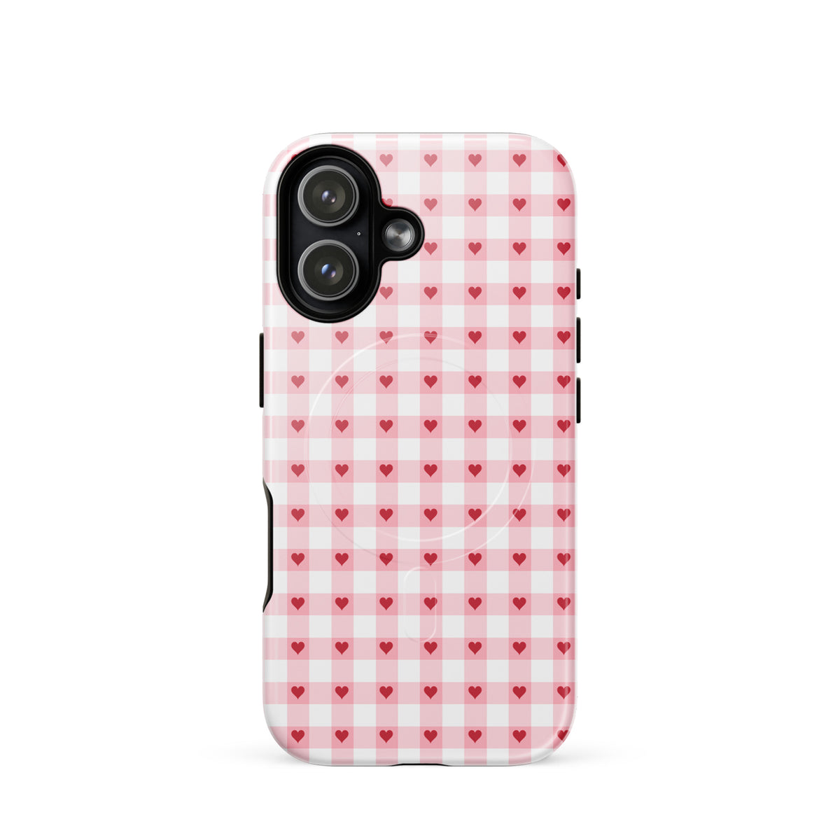Magnetic Phone Case with pink-and-white gingham heart pattern, adding style and protection to iPhone with red hearts design.