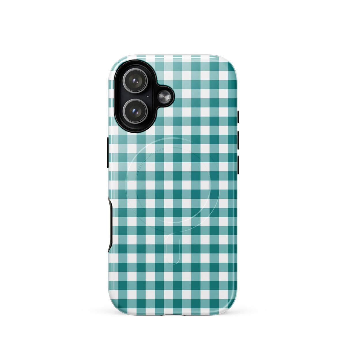 Magnetic Phone Case with teal and white gingham pattern for iPhone offering style and protection in a luxurious, durable design.