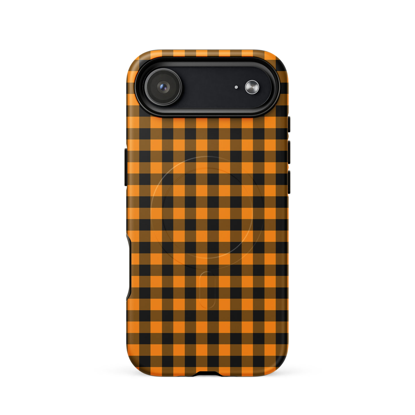 Magnetic Phone Case with black-and-orange gingham Autumn theme for iPhone, combining playful charm and luxury.