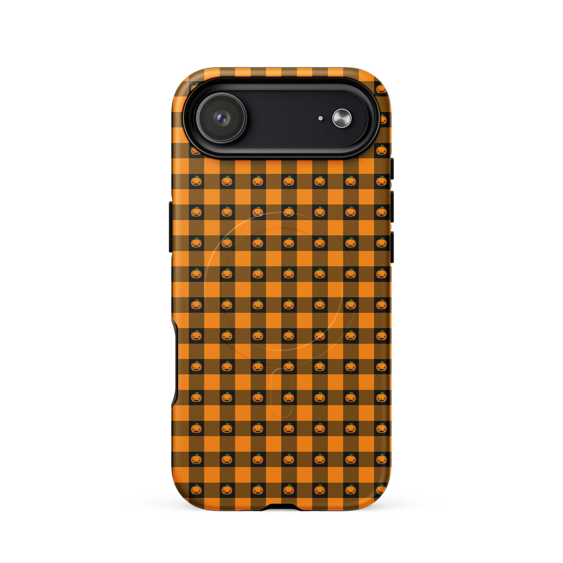 Magnetic Phone Case for iPhone with Halloween pumpkin gingham design, featuring jack-o'-lanterns on an orange and black checkered pattern.