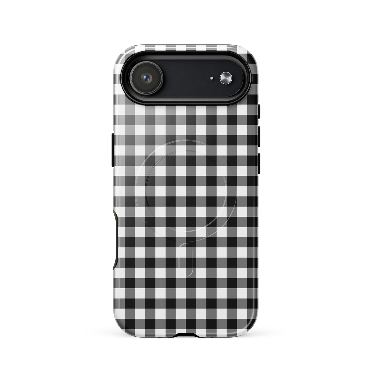 Magnetic Phone Case with black-and-white gingham pattern for iPhone, offering style and protection.