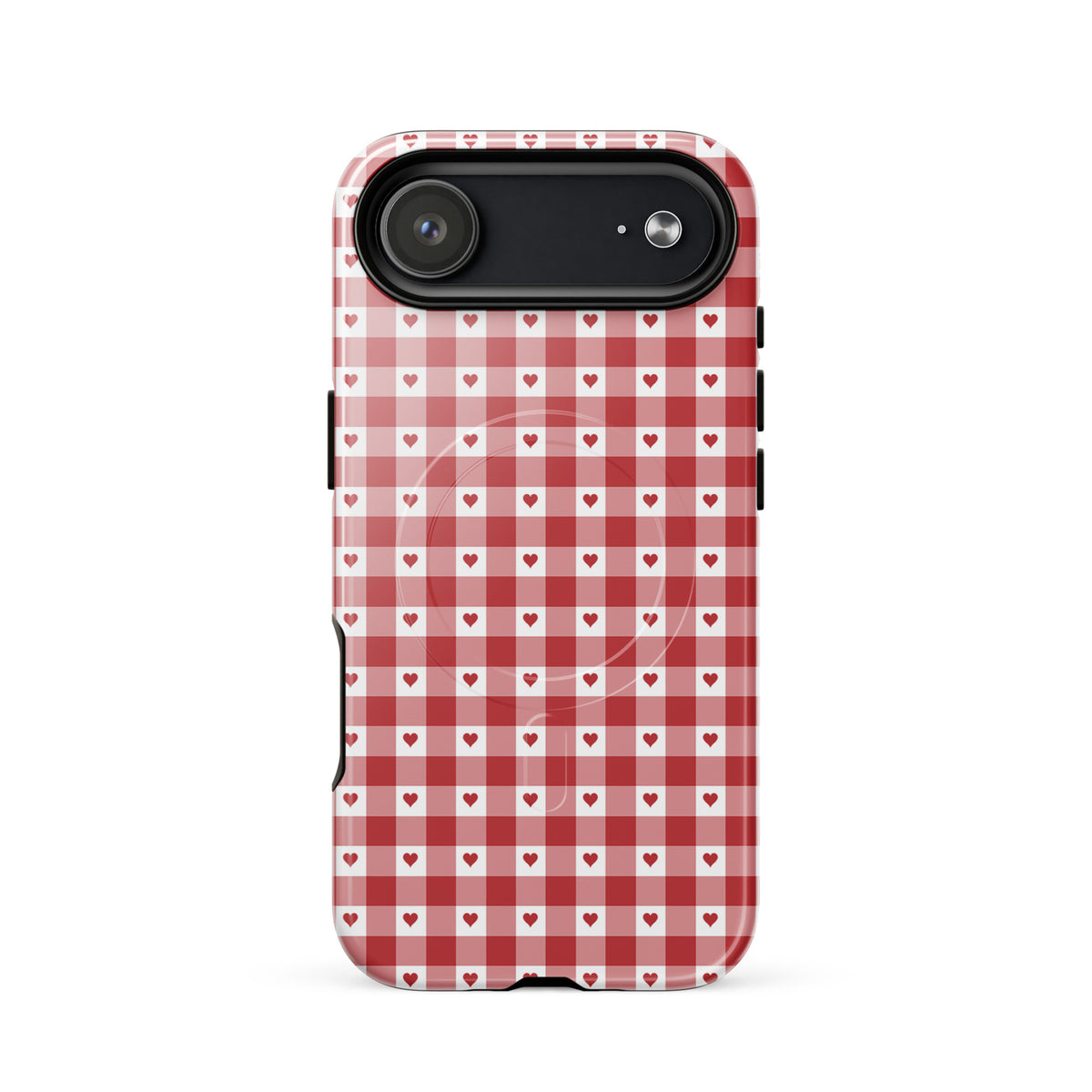 Magnetic Phone Case with red gingham and heart pattern for iPhone, modern design, durable luxury accessory.