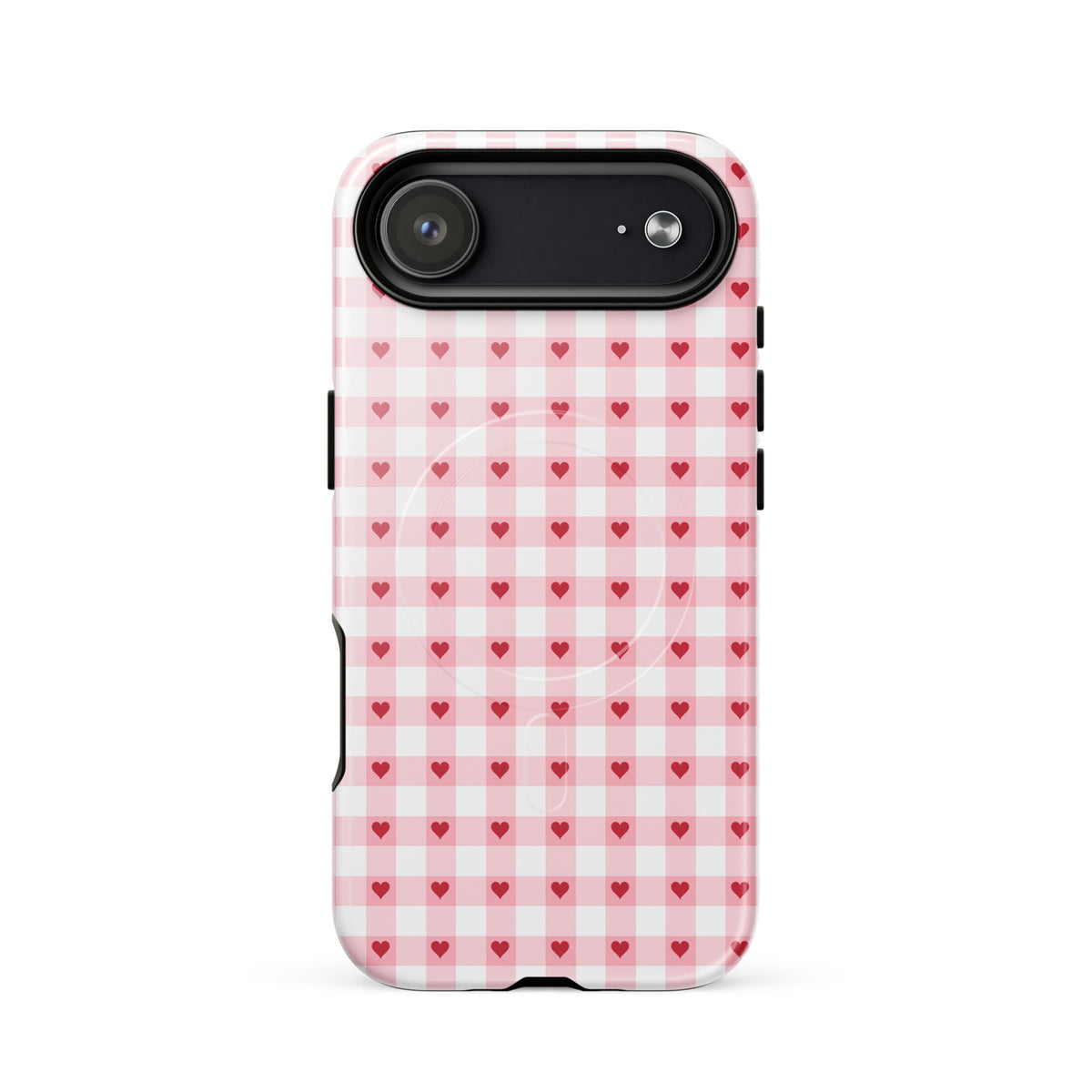 Magnetic Phone Case for iPhone with pink-and-white gingham heart pattern, featuring pink and red hearts.