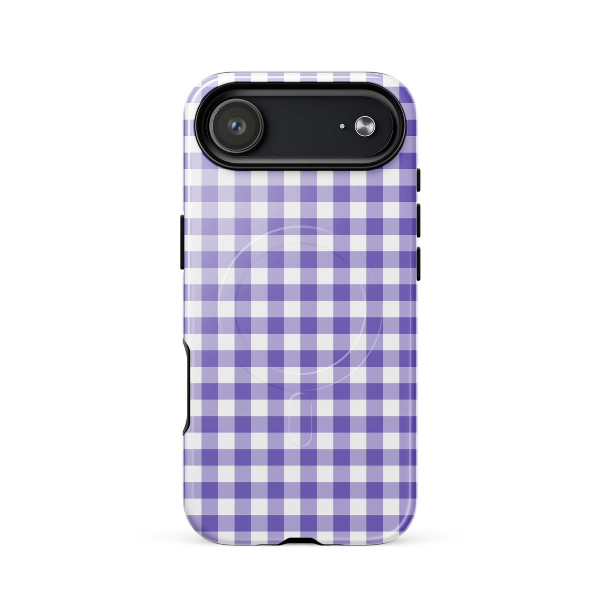 Magnetic Phone Case for iPhone with purple and white gingham pattern, offering stylish protection and charm.