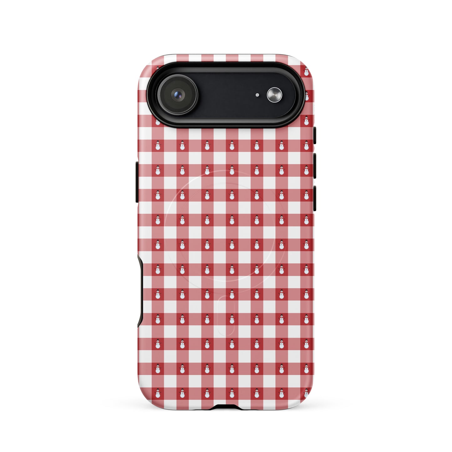 Magnetic Phone Case for iPhone with Snowman Gingham Winter Design, red and white festive pattern for holiday protection