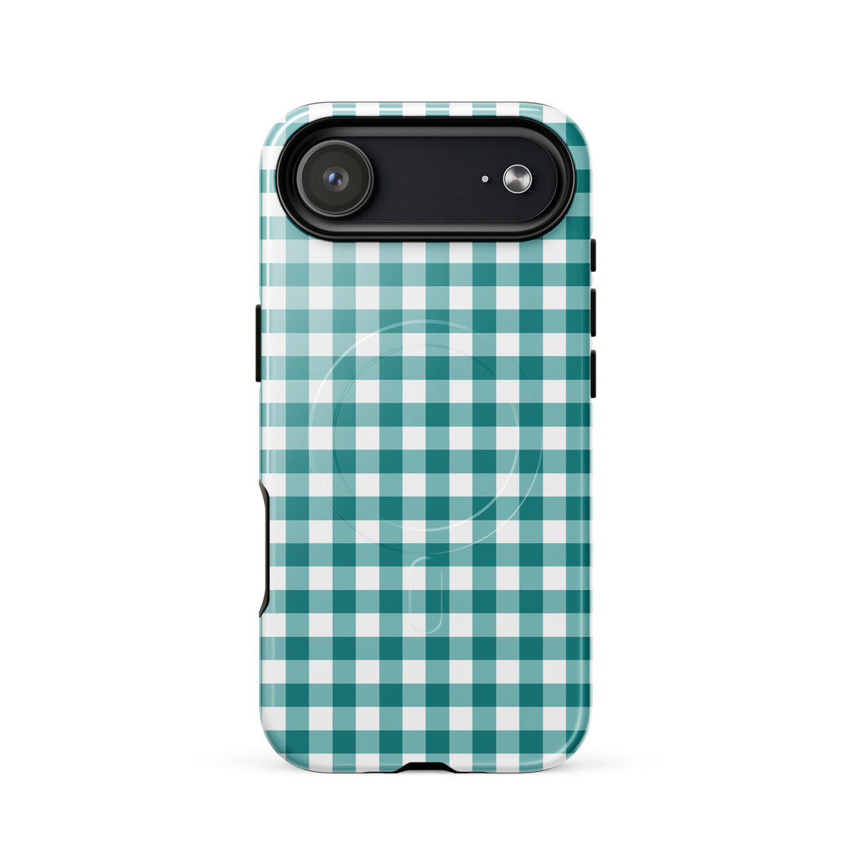 Magnetic Phone Case for iPhone with teal and white gingham pattern, chic accessory offering style and protection.