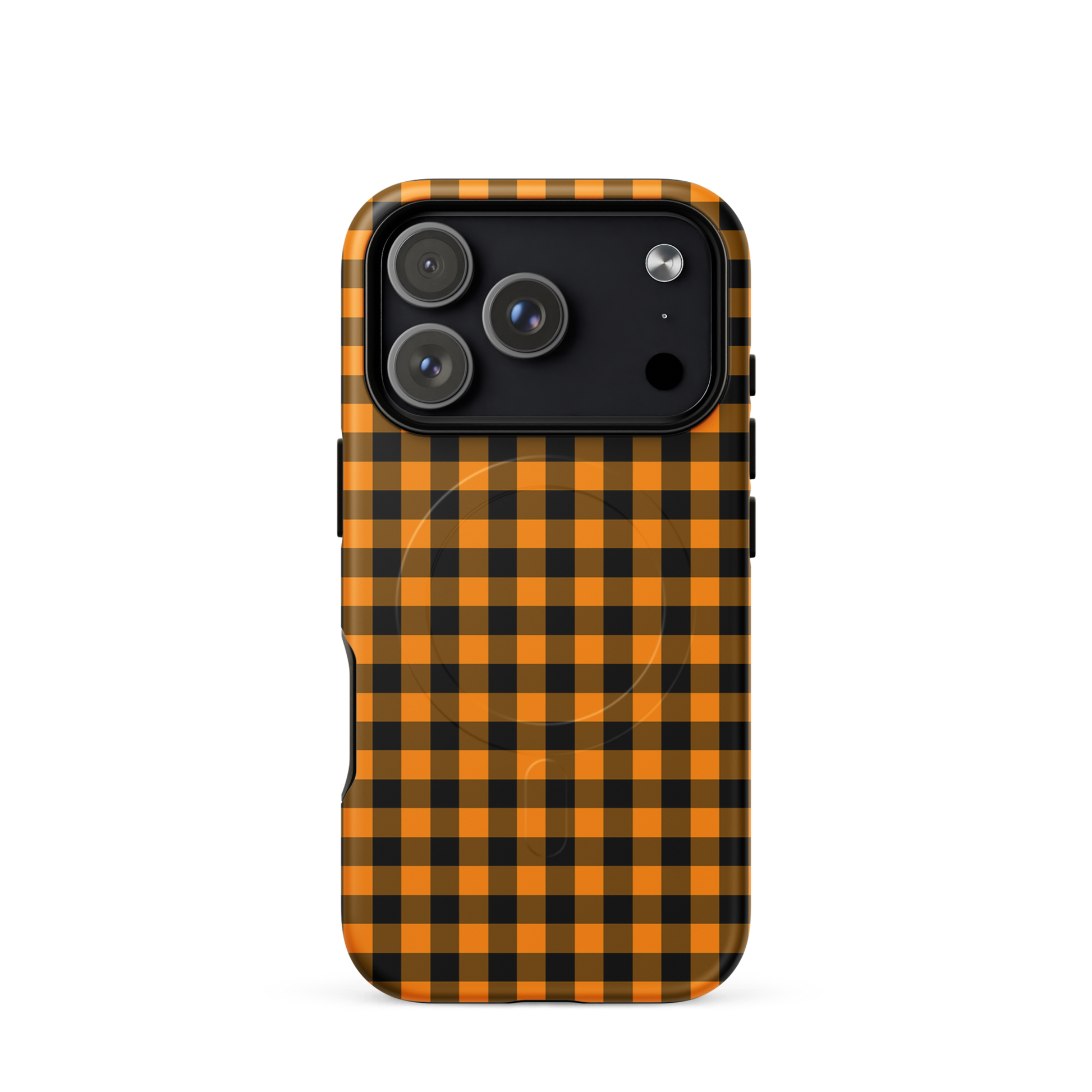 Magnetic Phone Case in black-and-orange gingham Autumn theme for iPhone, stylish and durable design.