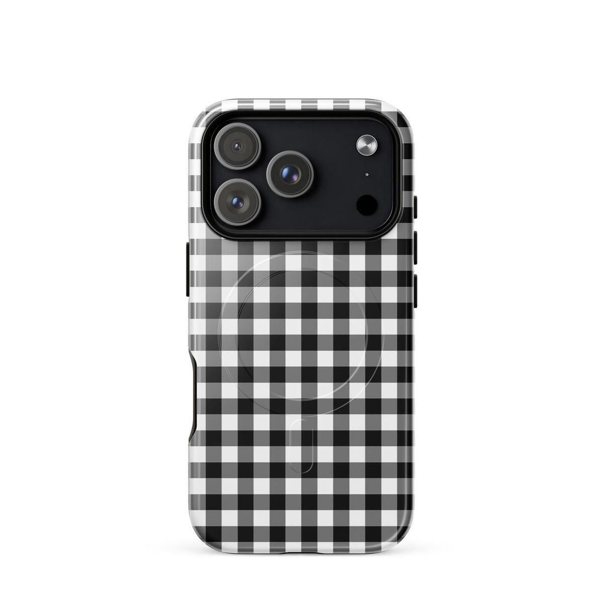Magnetic Phone Case for iPhone in stylish black and white gingham pattern, providing chic protection and functionality.