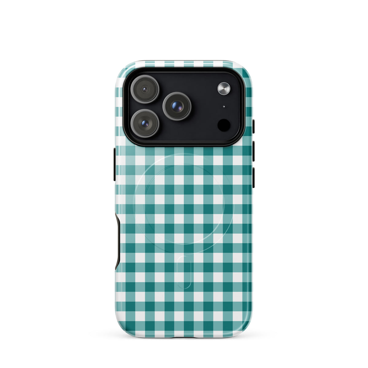 Magnetic Phone Case with teal and white gingham pattern for iPhone, combining style and protection.