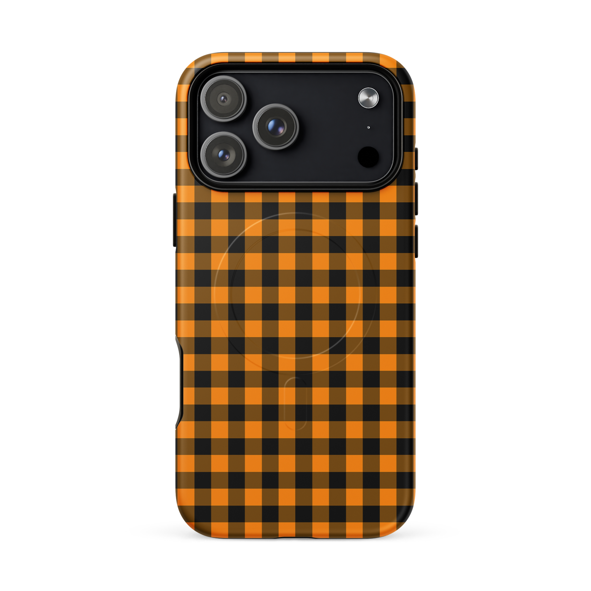 Magnetic Phone Case for iPhone with black-and-orange gingham pattern, Autumn theme.