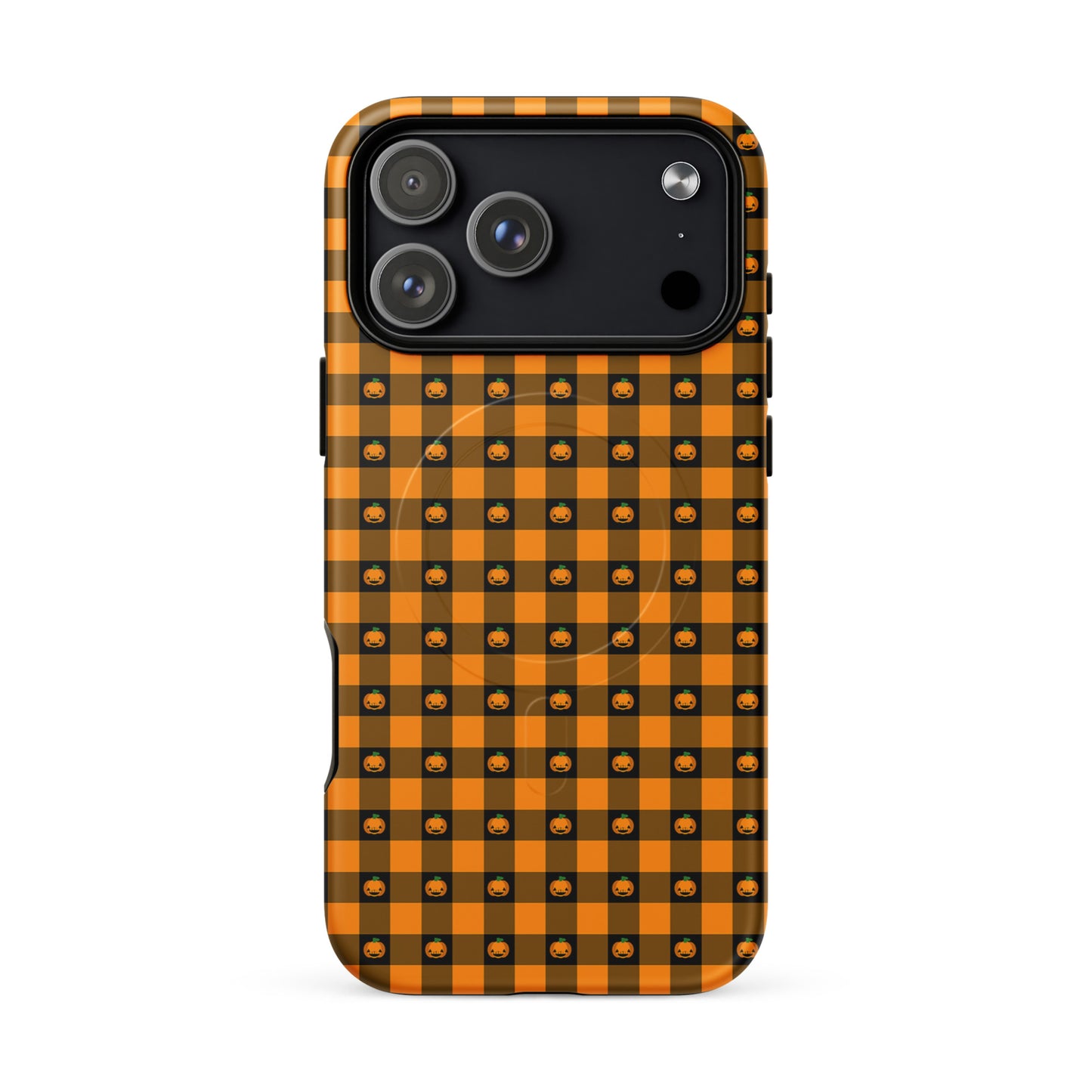 Magnetic Phone Case with Halloween pumpkin design and gingham pattern for iPhone