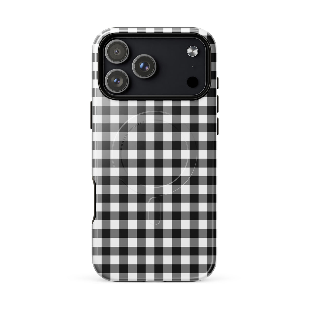 Magnetic Phone Case with black and white gingham pattern for iPhone, offering style and protection.