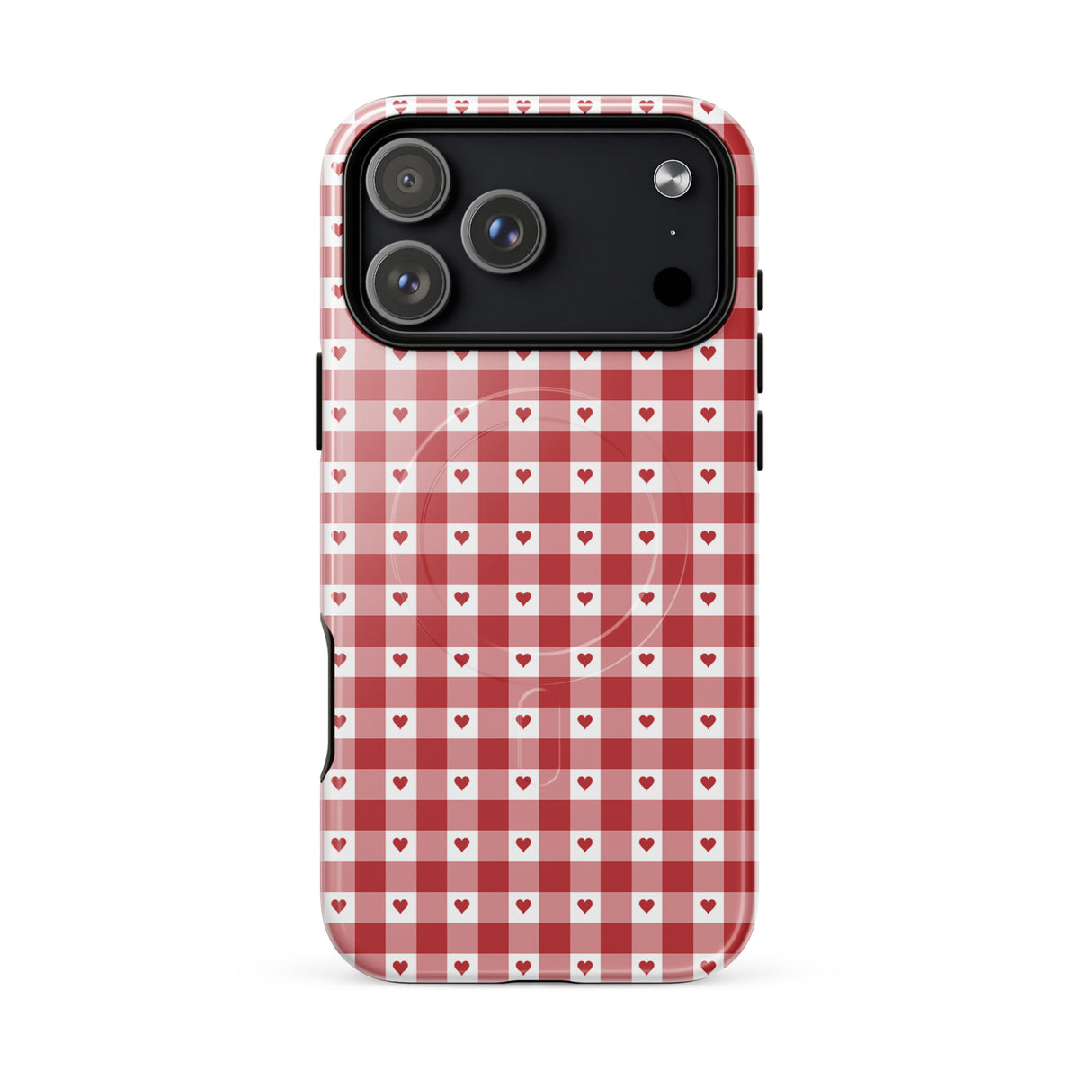 Magnetic Phone Case with red gingham heart pattern for iPhone, blending playful charm and durability in a chic accessory design.