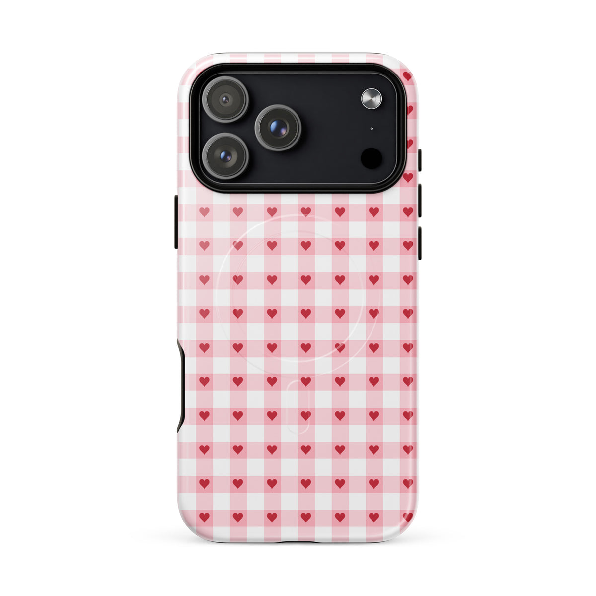 Magnetic Phone Case with pink-and-white gingham and red hearts design for iPhone.