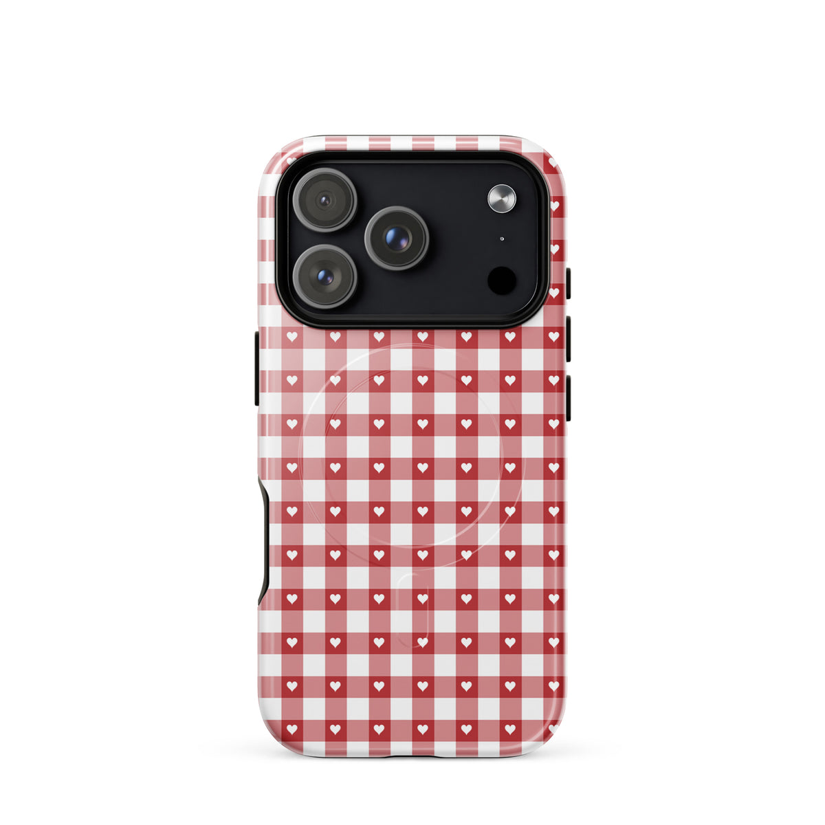 Magnetic Phone Case for iPhone with red-and-white gingham pattern and hearts, showcasing style and protection.