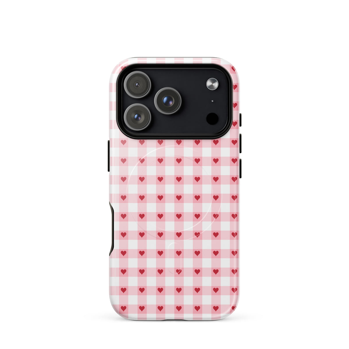 Magnetic Phone Case with pink-and-white gingham and red heart pattern for iPhone.