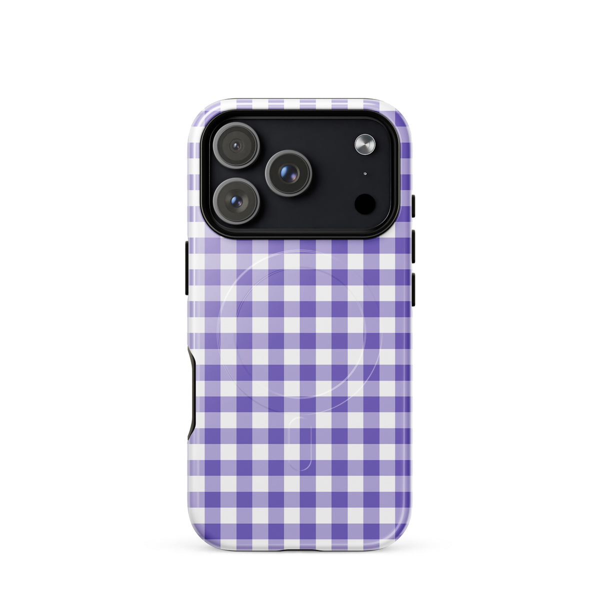 Magnetic Phone Case for iPhone with purple gingham pattern, blending style and protection for a chic accessory. Durable and luxurious design.
