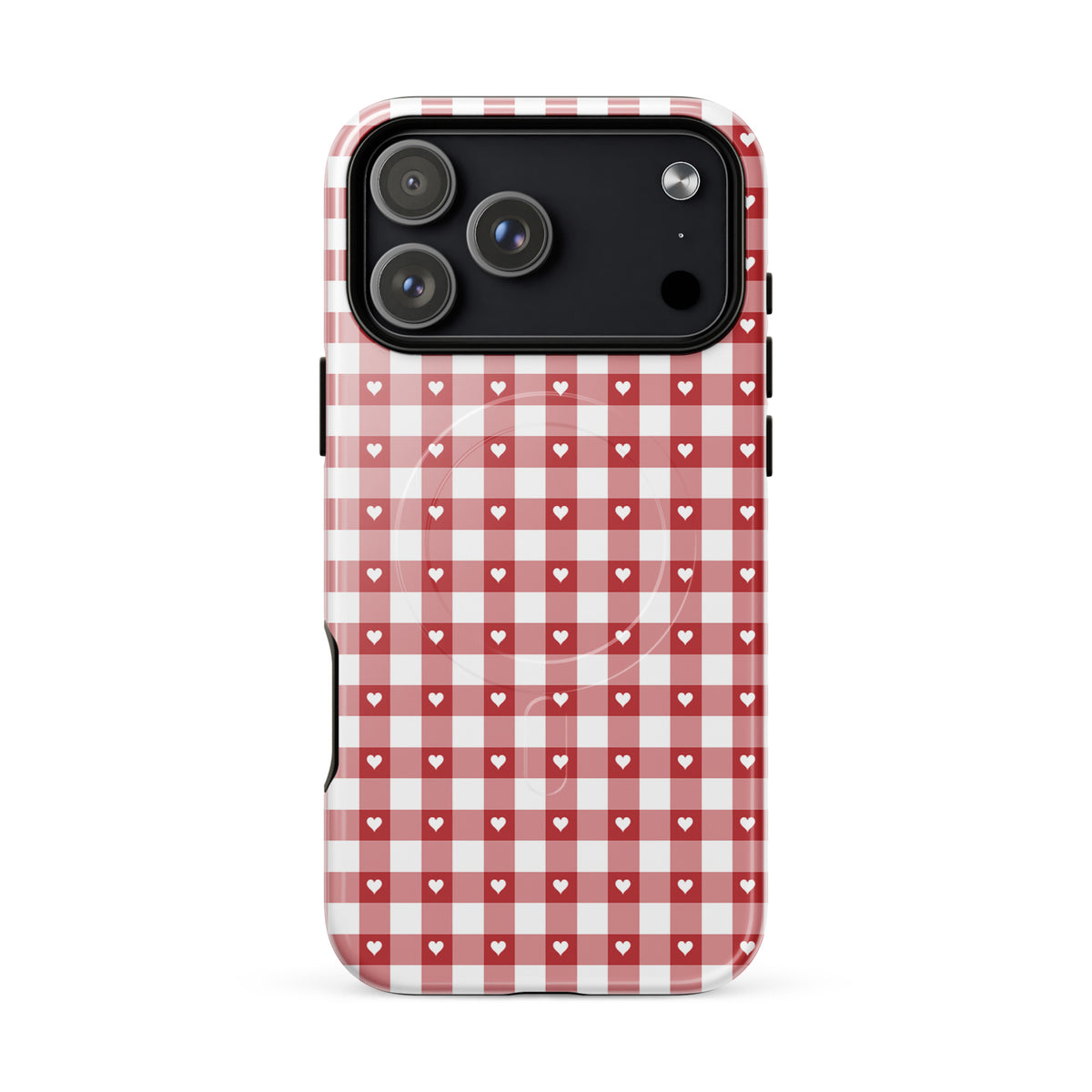 Magnetic Phone Case with red gingham pattern and white hearts for iPhone, combines style and protection.