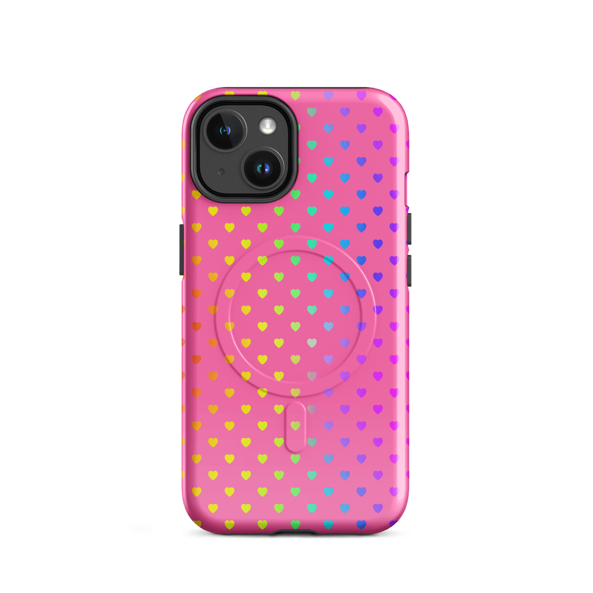 Magnetic Phone Case for iPhone featuring vibrant rainbow hearts on a pink background, offering stylish protection with a playful design.