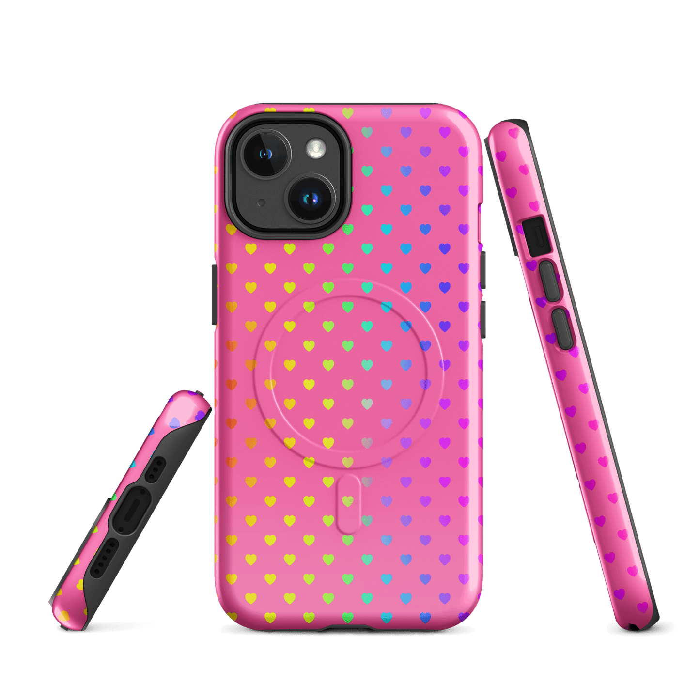 Magnetic Phone Case for iPhone with pink rainbow heart design, dual-layer protection. Perfect for colorful style and secure grip.