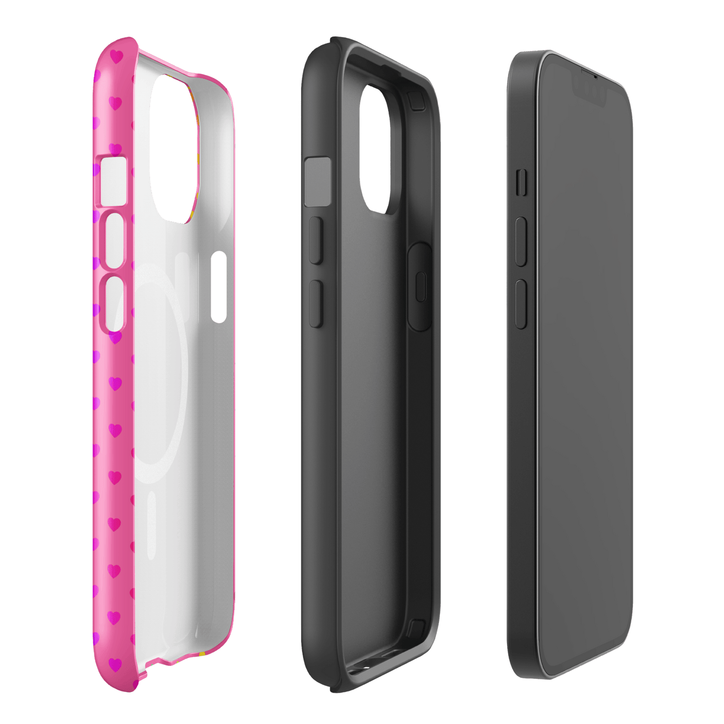 Magnetic Phone Case for iPhone with cute rainbow hearts on pink background, showcasing dual-layer protection.