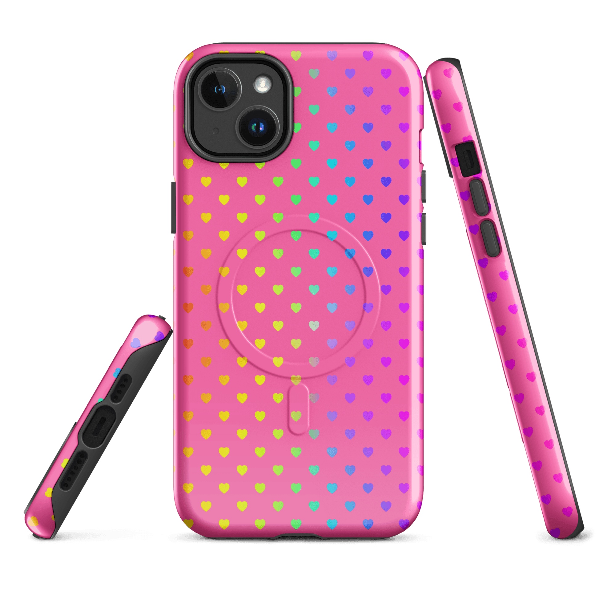Magnetic Phone Case for iPhone with rainbow hearts design on pink background, showcasing dual-layer protection and colorful style.