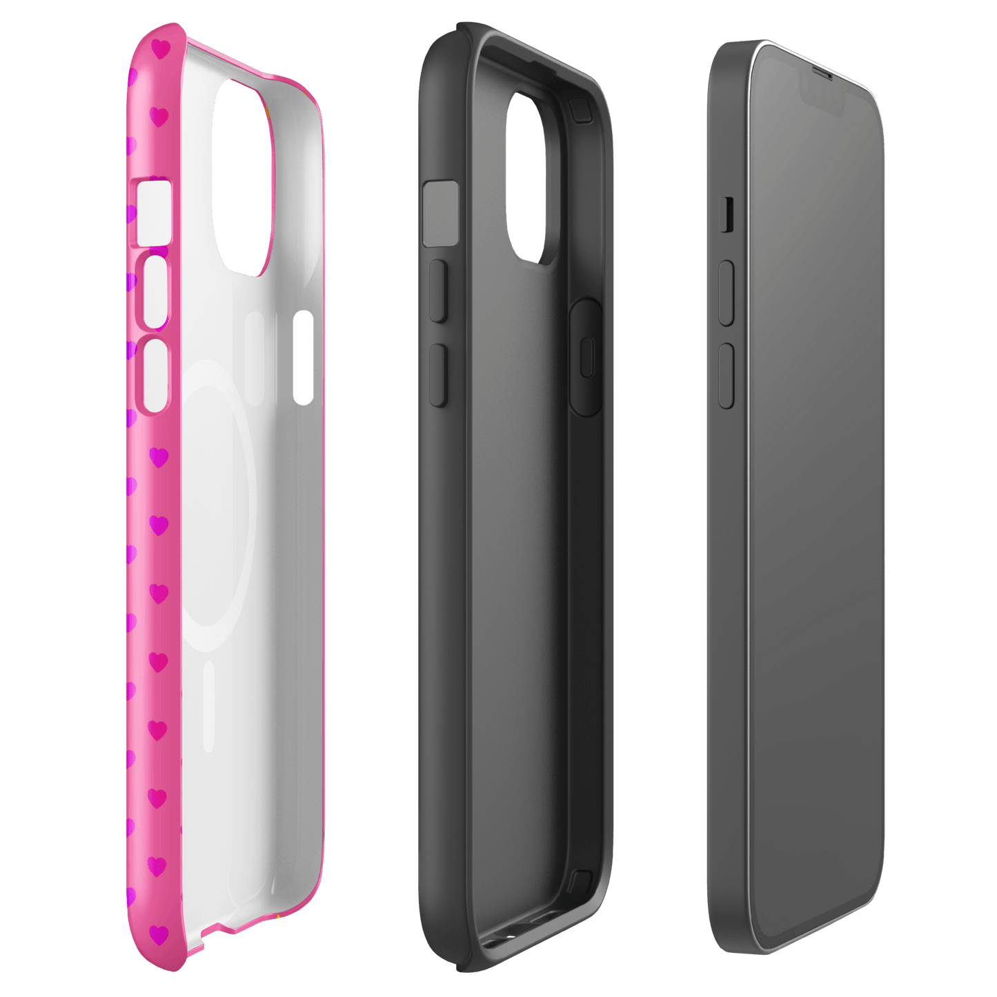 Magnetic Phone Case for iPhone with pink rainbow-heart design and dual-layer protection, showcasing cheerful style and durability.
