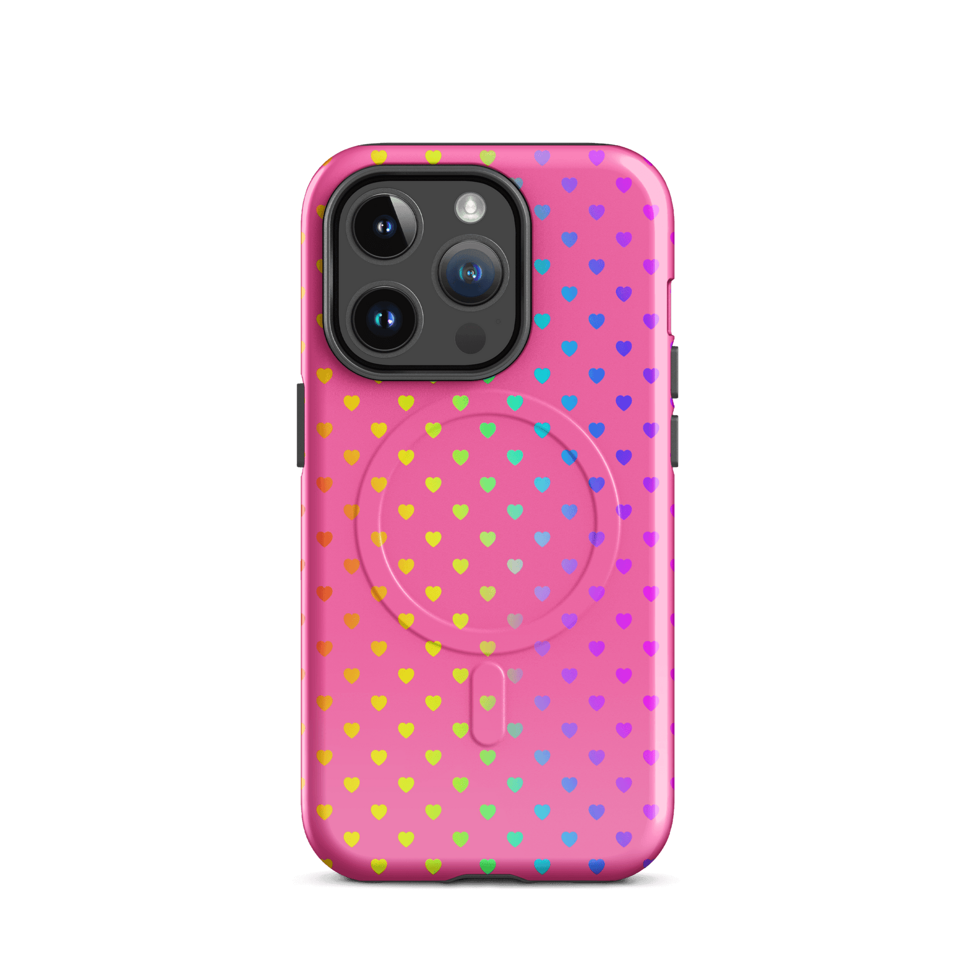 Magnetic Phone Case with colorful rainbow hearts on pink backdrop for iPhone, offering style and protection.