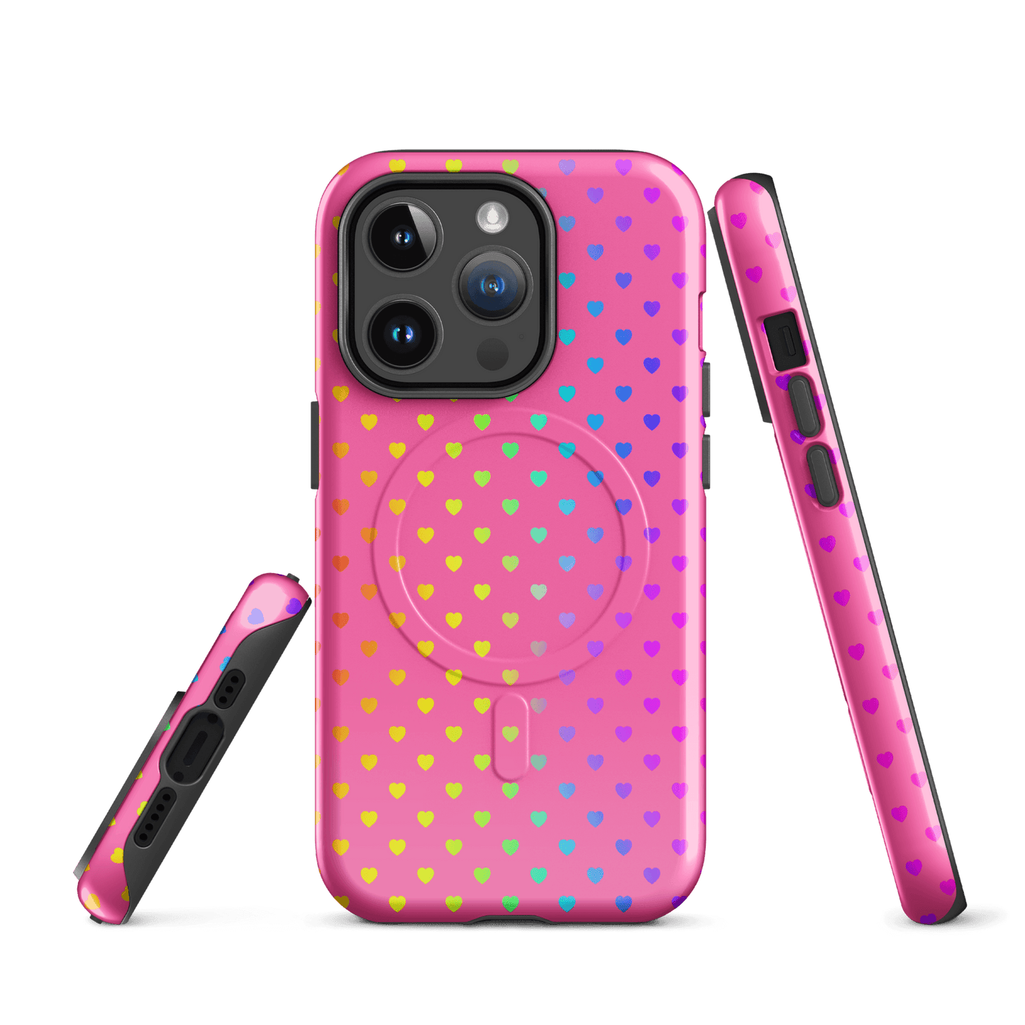 Magnetic Phone Case with rainbow hearts on pink backdrop for iPhone, dual-layer protection, colorful and charming design.
