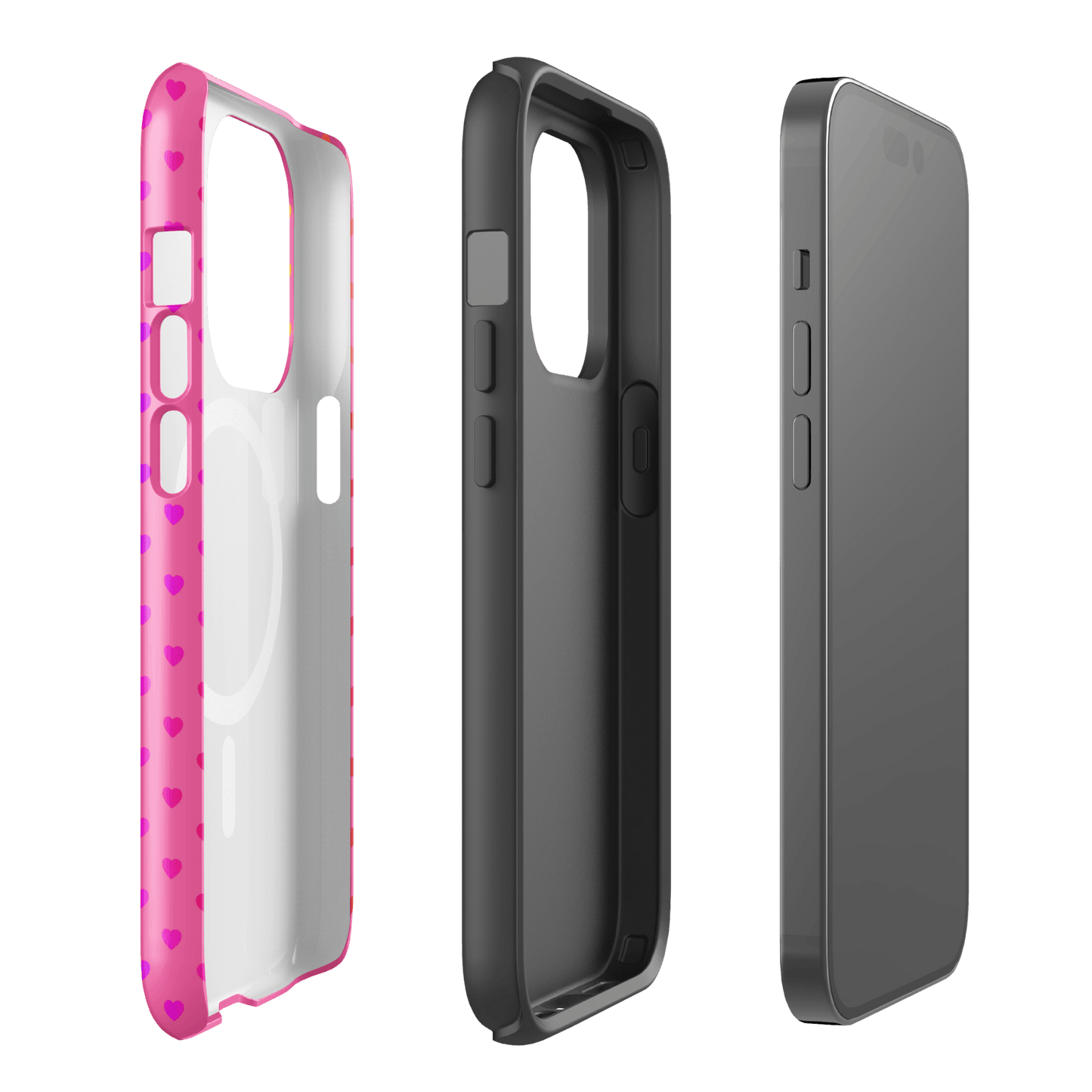 Magnetic Phone Case for iPhone with cute rainbow hearts and pink backdrop showing dual-layer construction.