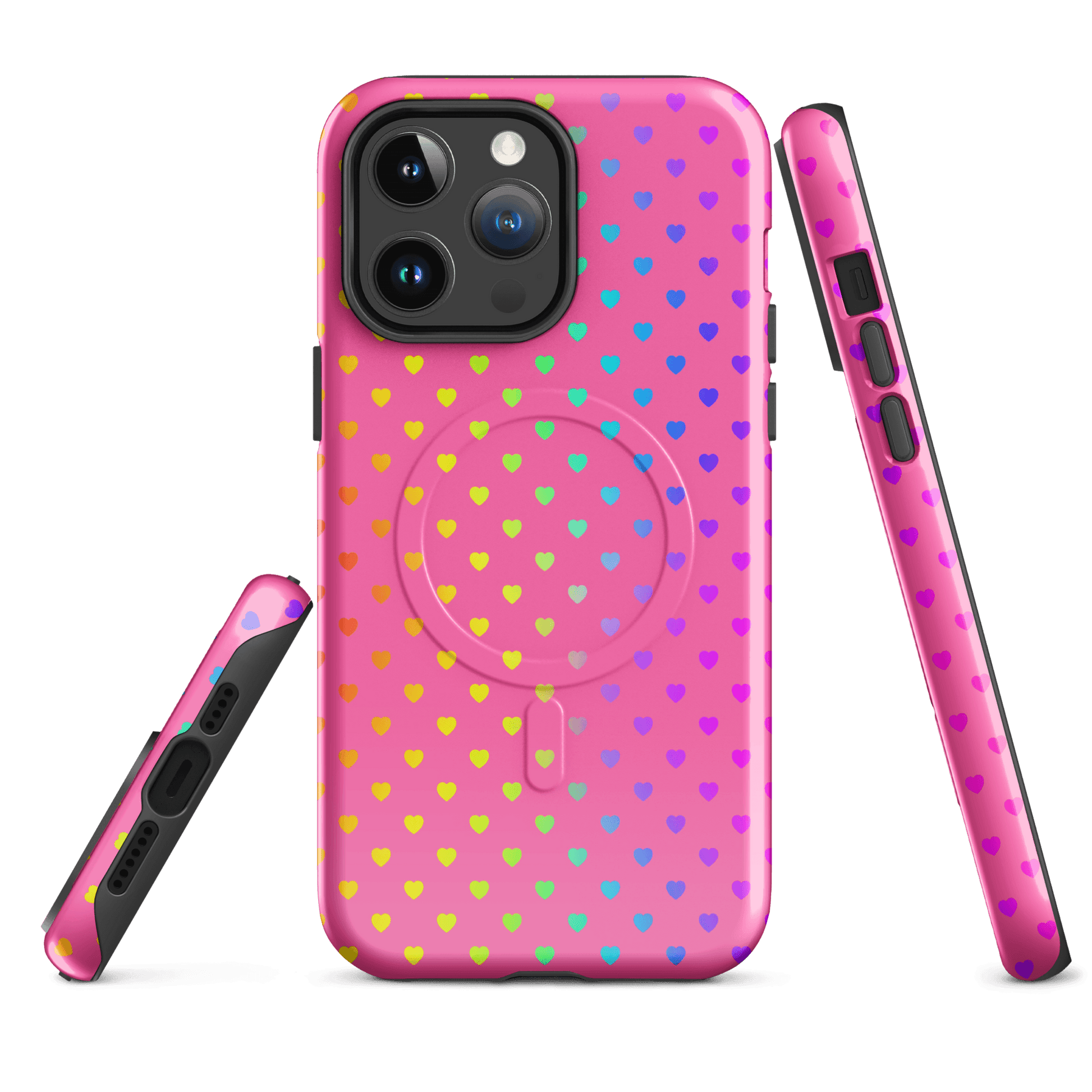 Magnetic Phone Case with rainbow hearts design for iPhone on pink background