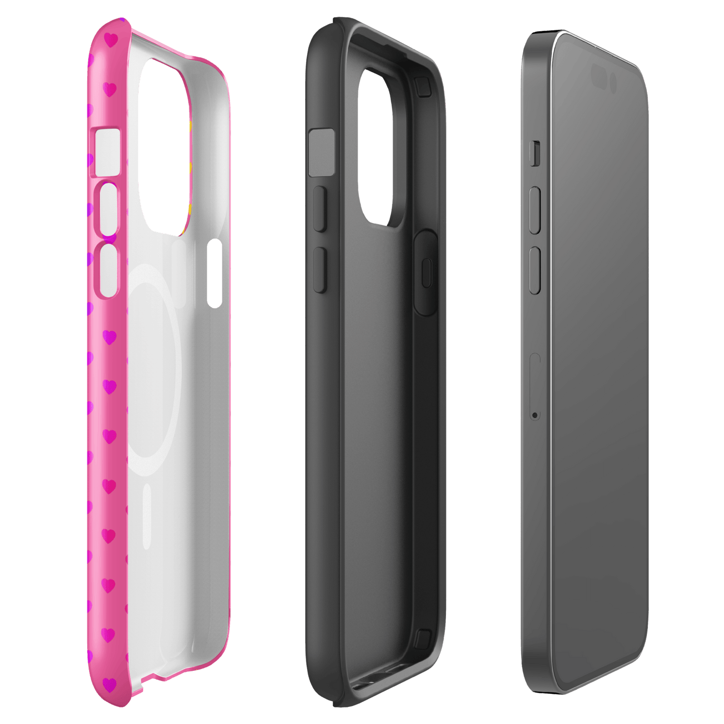 Magnetic Phone Case for iPhone with cute rainbow hearts on pink background, showcasing dual-layer protection.