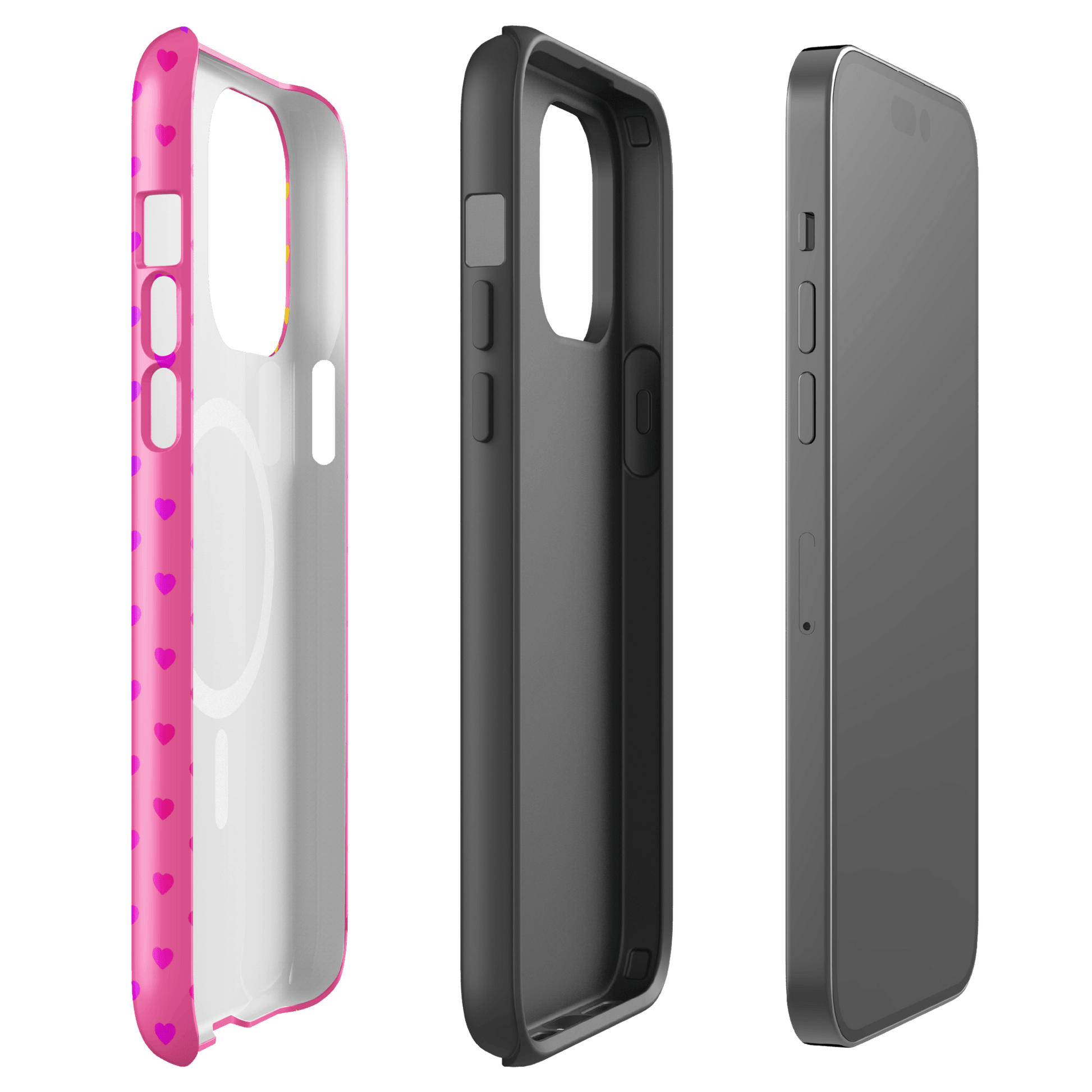 Magnetic Phone Case for iPhone with cute rainbow hearts on pink background, showcasing dual-layer protection.