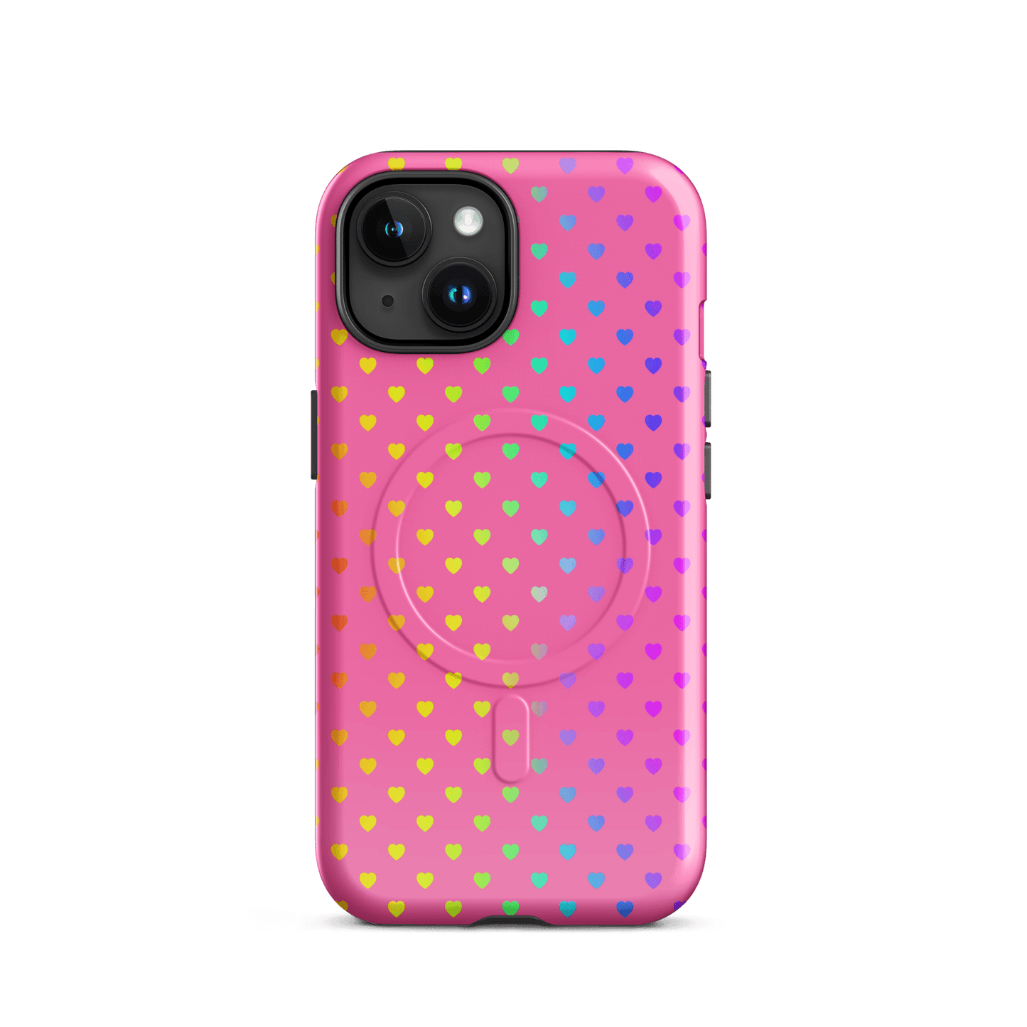 Magnetic Phone Case with rainbow heart design on pink background for iPhone