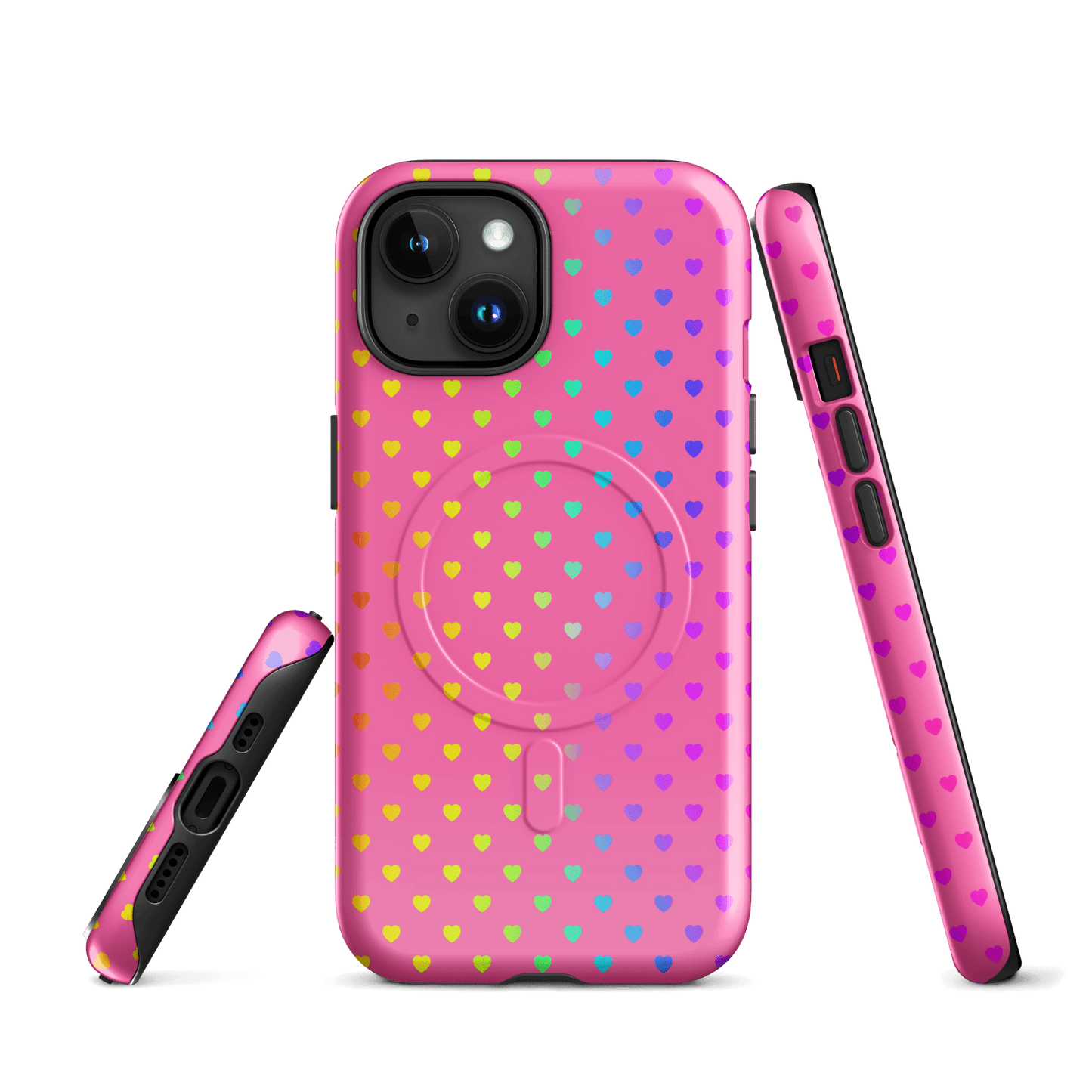 Magnetic Phone Case for iPhone with cute rainbow hearts on pink backdrop, dual-layer construction for protection.