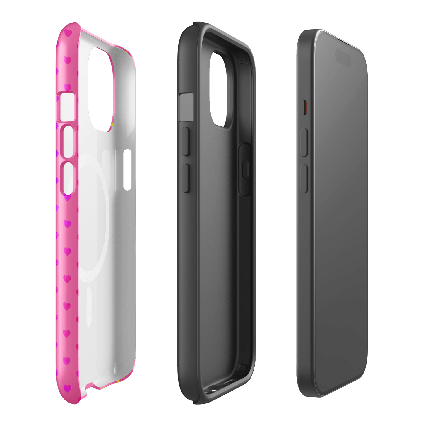 Magnetic Phone Case for iPhone with cute rainbow hearts on a pink background, showcasing dual-layer protection in a vibrant design.