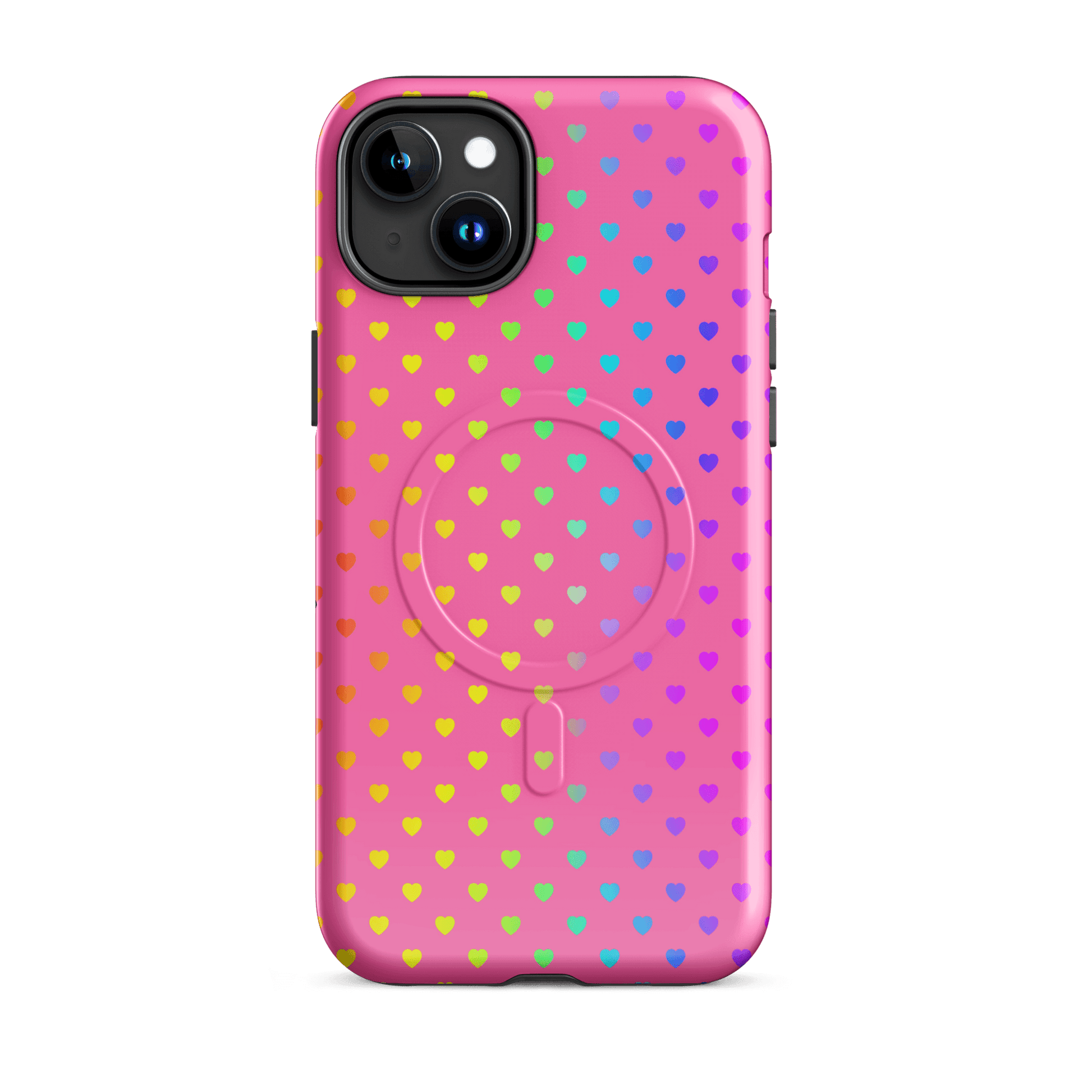 Magnetic Phone Case for iPhone with cute rainbow heart design on pink background.